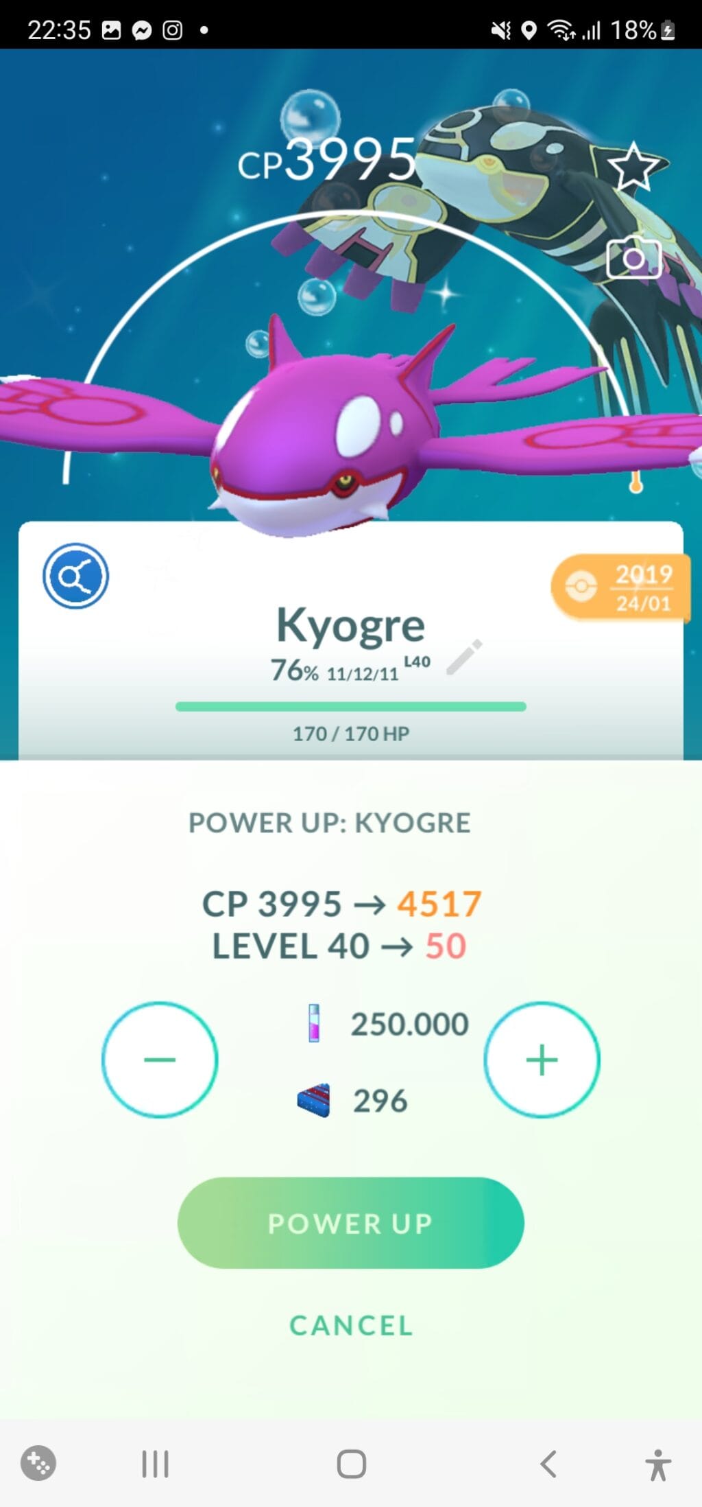 Pokémon Go Shiny Kyogre Level 50