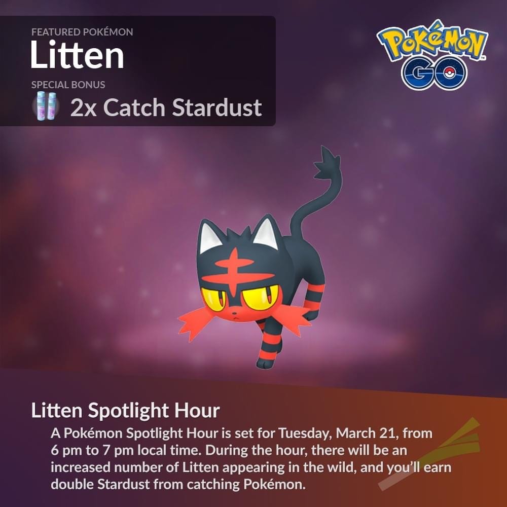 Pokémon Go Spotlight Hours Litten March 2023