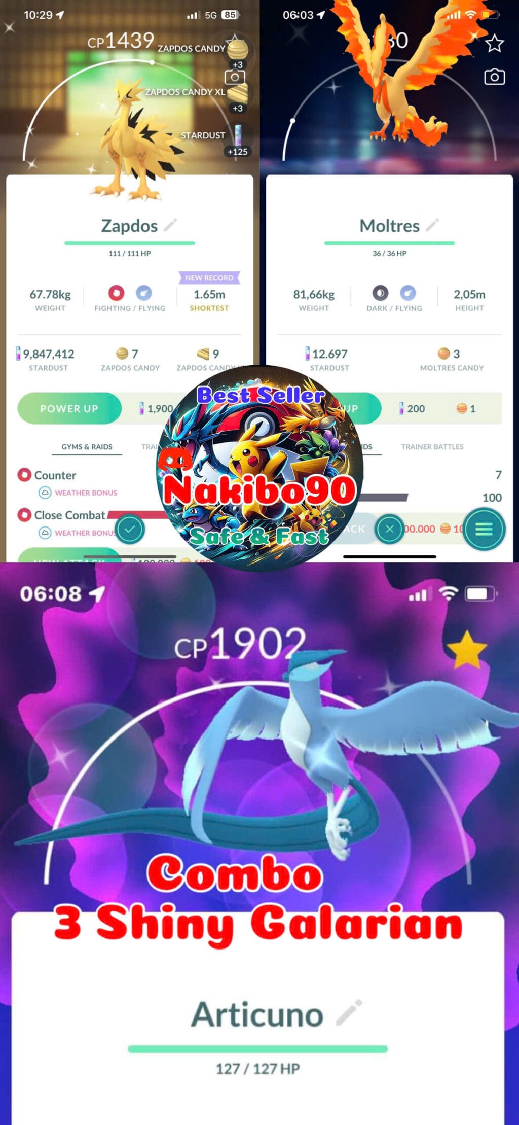 Pokémon Go Combo Shiny Galarian Zapdos, Shiny Galarian Articuno, Shiny Galarian Moltres  (Read Describe)