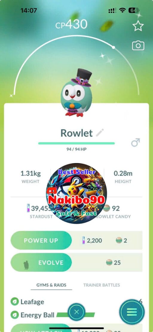 Pokémon Go Shiny Rowlet wearing a Halloween hat costume